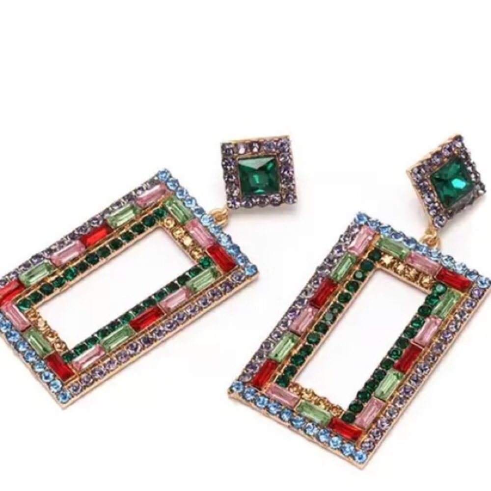 Large green rhinestone rectangular drop earrings - Picture 1 of 6